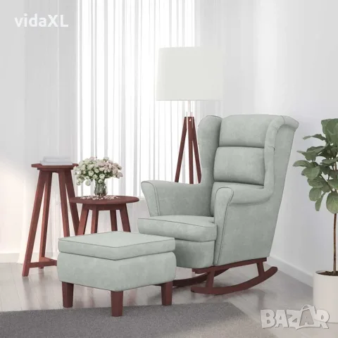 vidaXL Люлеещ се стол с облегалка, светлосив кадифе и масивно дърво, снимка 2 - Столове - 56146577