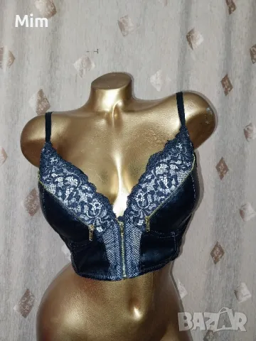 80 С Черен сутиен от кожа и дантела с златист цип , снимка 4 - Бельо - 48857586