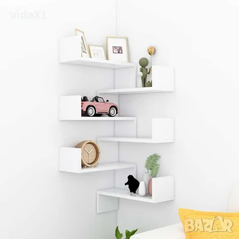 vidaXL Стенни ъглови рафтове, 2 бр, бели, 40x40x50 см, инженерно дърво, снимка 2 - Ракли - 56147797