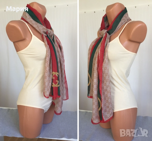 Нов Дамски Шал Gucci Прозрачен Лого Гучи Бежов Червен Зелен, снимка 11 - Шалове - 51826454