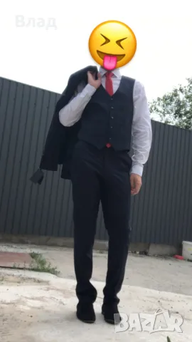 Стилен абитуриентски/сватбен/парти костюм от три части (размер S) + риза и вратовръзка!(тъмно синьо), снимка 5 - Ризи - 49743750