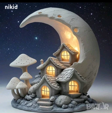 Луна с къщички и гъби силиконов молд форма фондан гипс смола направа на лампа декор, снимка 3 - Форми - 50730810