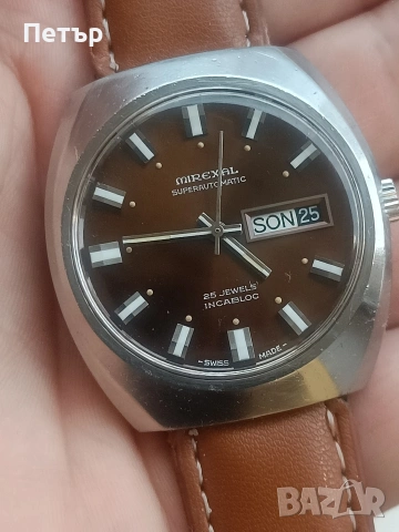 Мъжки автоматичен часовник Mirexal Superautomatic „Chocolate Sunburst“ – Swiss Vintage, снимка 2 - Мъжки - 53231228