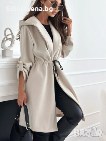 Дамско светлобежово палто с връзки на талията и качулка, снимка 3 - Якета - 51456600