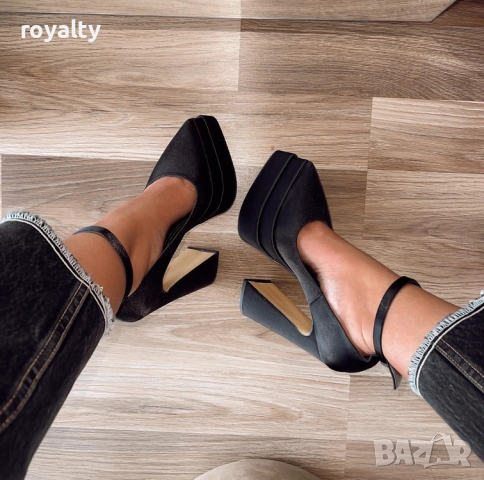 Обувки на ток - черен сатен, снимка 2 - Дамски обувки на ток - 52468752