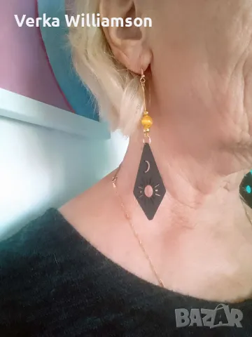  Черни обици "Слънце и Луна" от дърво модел 3, снимка 3 - Обеци - 48331080