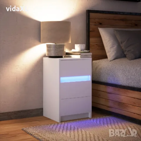 vidaXL Нощно шкафче с LED осветление, бяло, инженерно дърво, снимка 5 - Шкафове - 56148199