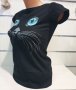 Страхотна нова дамска черна тениска с 3D трансферен печат Котка със сини очи, снимка 6