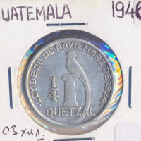 Гватемала 1/4 кетцал 1946 година, сребърна, гр.8,30, снимка 1 - Нумизматика и бонистика - 44745116