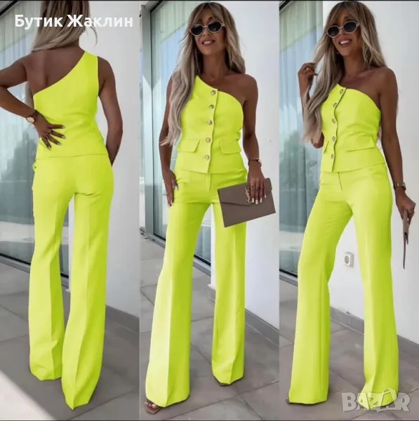 Атрактивен сет от къс елек с едно рамо и панталон, снимка 1