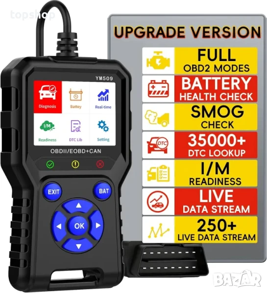 Нов тестван YM509 OBD2 скенер, диагностичен инструмент, 2.8-инчов цветен екран, OBDII скенер..., снимка 1