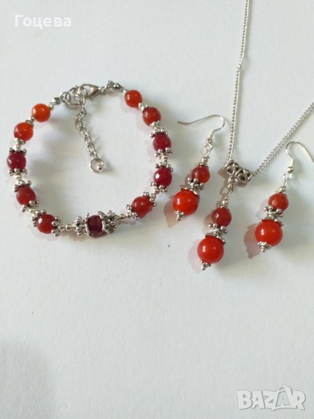Разкошен комплект обици, колие и гривна с Керемидено червен кварц и орнаменти в цвят Сребро , снимка 1