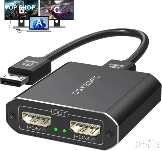 DGYBDFC 4K60Hz Displayport към двоен HDMI адаптер, DP 1.4 към 2х HDMI 2.0, снимка 1