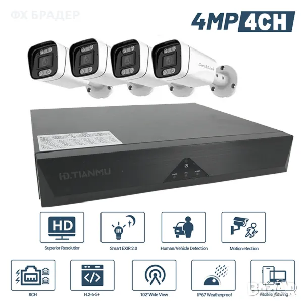 Комплект 4 броя POE 4MP 4K H.265+ Камери с NVR, снимка 1