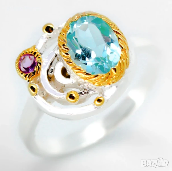 Сребърен пръстен с натурален Топаз и Аметист , снимка 1