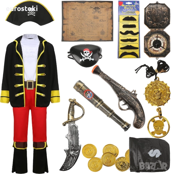 G037M Пиратски костюм за деца момчета с комплект пиратски аксесоари, пиратска шапка, превръзка за ок, снимка 1