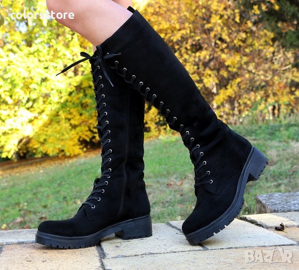 Равни ботуши - черен велур - K-600, снимка 1