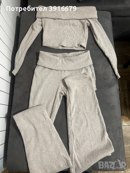 Сив панталон с широк крачол и ниска талия + горнище без презрамки , снимка 1