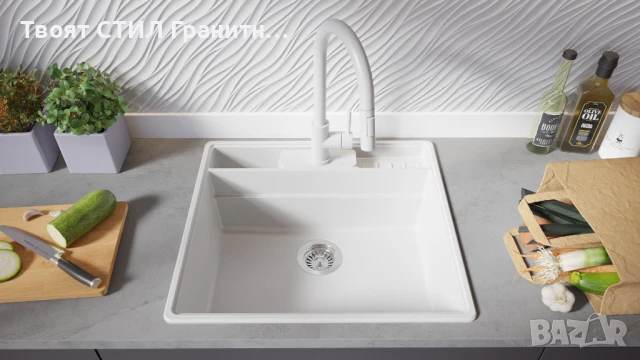 Бяла кухненска мивка от гранит Ню Йорк 60 Multispace 580 x 530 мм, снимка 6 - Мивки - 50779662