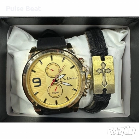 Мъжки комплект Geduo – елегантен часовник със златист циферблат и кожена гривна в подаръчна кутия, снимка 6 - Мъжки - 52045225