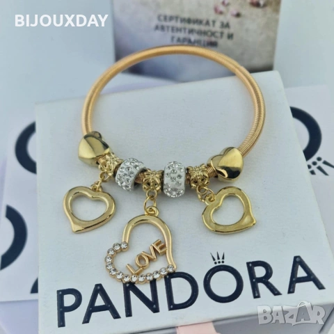 дамска гривна тип pandora на любовта от медицинска стомана с 18 карата златно покритие