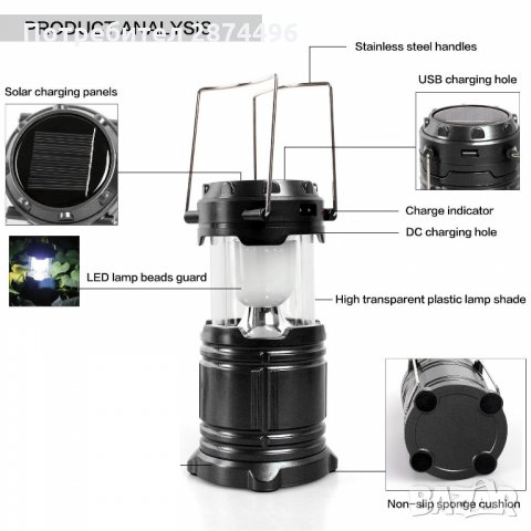 Соларна къмпинг лампа с USB зарядно, снимка 4 - Къмпинг осветление - 30899614