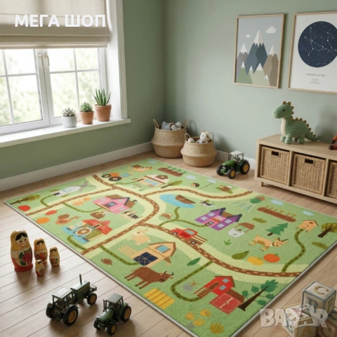 Детски килим за игра 120х160см - Светлозелен килим с ферма и животни, противоплъзгащ и миещ се