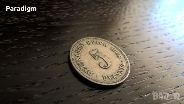 Райх монета - Германия - 5 пфенига | 1908г.; серия A, снимка 1 - Нумизматика и бонистика - 30947726