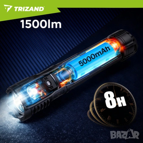 Мощен лед фенер - два модела (800lm-->1500lm) / Tактически фенер / Aкумулаторен лед фенер, снимка 10 - Къмпинг осветление - 54211738