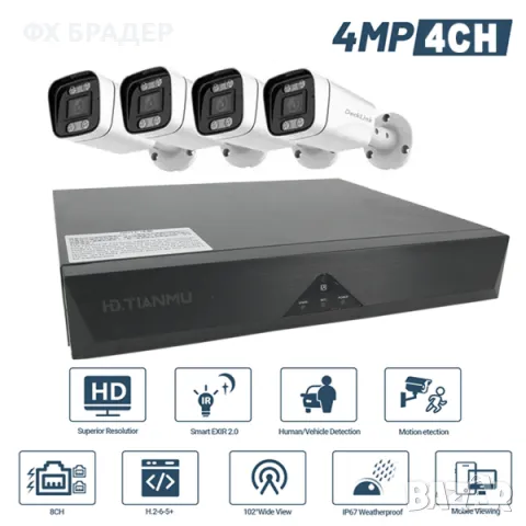 Комплект 4 броя POE 4MP 4K H.265+ Камери с NVR