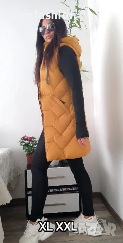 ✅Дамски дълъг елек - грейка 🛑XL XXL цвят горчица с качулка Удобен! Практичен! Качествен! 