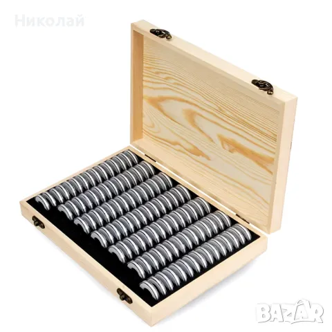 Дървена кутия за 100 монети + капсули + уплътнители за съхранение на монети класьор албум монета, снимка 5 - Нумизматика и бонистика - 47923873