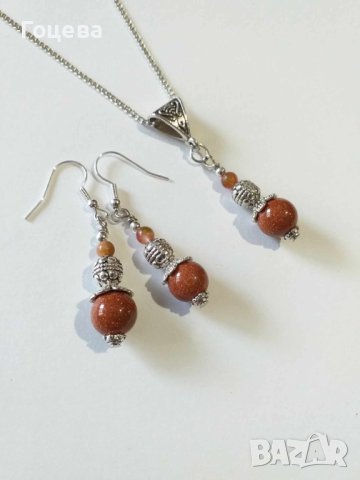 Прекрасен комплект бижута обици и колие със Слънчев камък и Жадеит и орнаменти цвят сребро , снимка 4 - Бижутерийни комплекти - 42283991