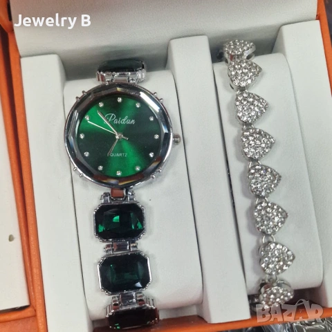  Дамски часовник + гривна с кристали 💚 Emerald Silver Watch Set