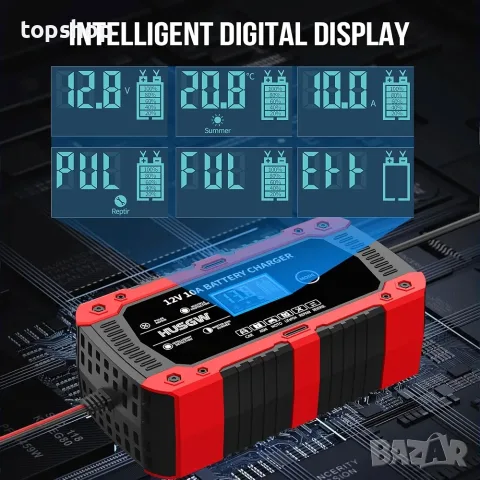 Чисто ново интелигентно зарядно за акумулатор Husgw 12V 10A (с LCD дисплей и пулсов ремонт) , снимка 7 - Аксесоари и консумативи - 55829030