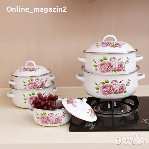 Комплект 5 бр. емайлирани тенджери с незалепващо покритите + капаци, снимка 1