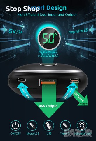 Акумулаторен нагревател за ръце,Power Bank 10000mAh, 15 часа издръжливост,цифров дисплей, снимка 3 - Друга електроника - 40007914