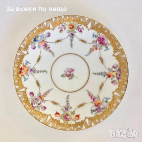 Dresden Germany  Circa 1884  Wolfsohn  Tea Cup & Saucer, Footed, Richly Gilded Код P1651, снимка 8 - Сервизи - 52932863