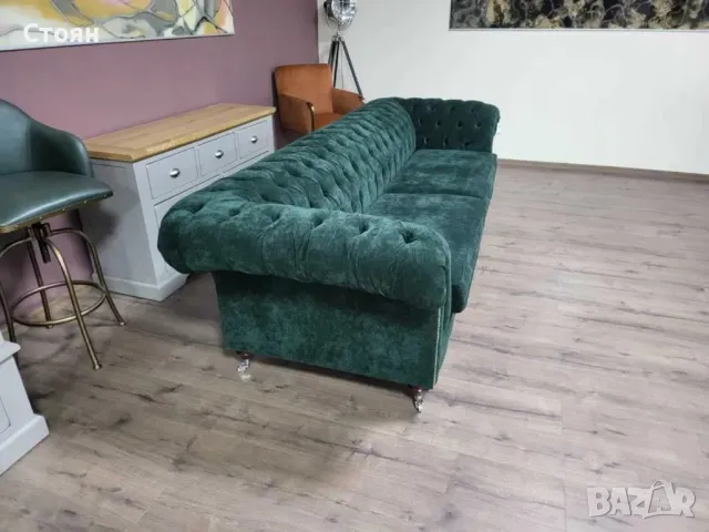 Голям зелен диван от плат Честърфийлд - четворка, снимка 4 - Дивани и мека мебел - 48286348