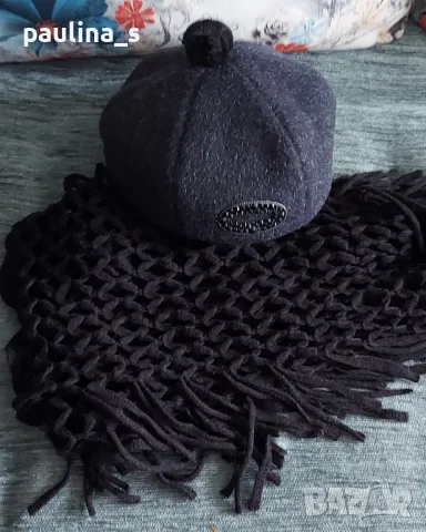 Винтидж / Рядка находка / Стил Джаки Кенеди / Комплект от бутикова барета и шал, снимка 4 - Шапки - 48060960