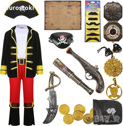 G037M Пиратски костюм за деца момчета с комплект пиратски аксесоари, пиратска шапка, превръзка за ок