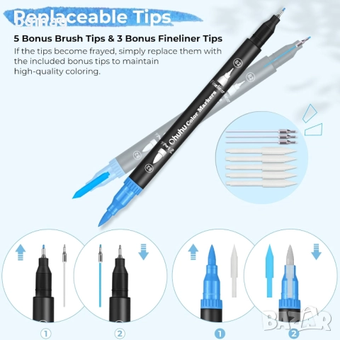 Ohuhu Maui Series маркери с два писеца тип четка и тънък писец, Ohuhu 160 цвята, снимка 6 - Ученически пособия, канцеларски материали - 52183610