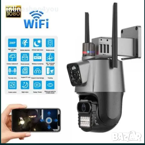 КОМПЛЕКТ + 64GB карта PTZ Двойна IP камера P-11 WIFI, ICSEE, 6MP, снимка 3 - IP камери - 49636848