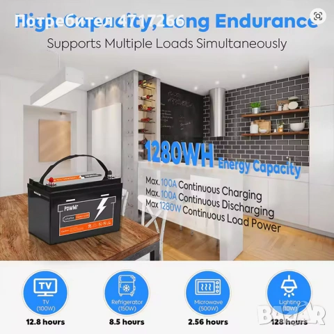 LiFePO4 батерия PowMr 100Ah 12.8V – 6000+ цикъла, BMS защита, снимка 2 - Друга електроника - 54316098
