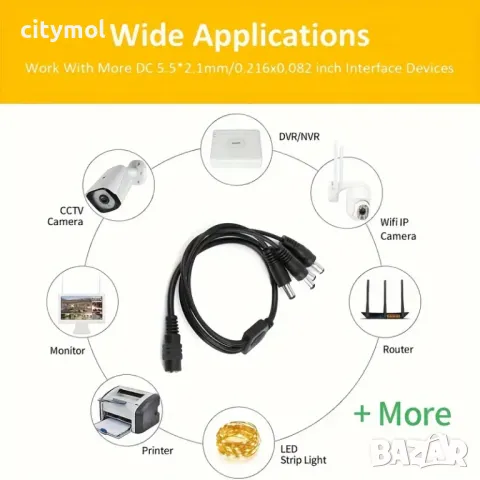 Захранващ сплитер кабел 1 женски към 4 мъжки, 6-24V DC 5.5x2.1, разклонител/умножител за камери, снимка 3 - Други - 49563983