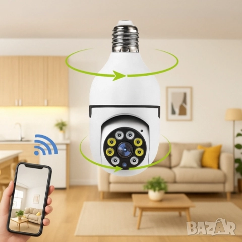 WiFi Панорамна IP Камера LYLÚ 360° във форма на крушка с нощно виждане и автоматично проследяване, снимка 8 - Друга електроника - 51948027