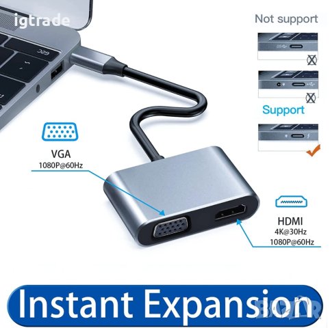 USB C към HDMI VGA адаптер - сплитер - 1 към 2 -  4k HDMI / 1080p VGA, снимка 6 - Чанти, стативи, аксесоари - 40375080