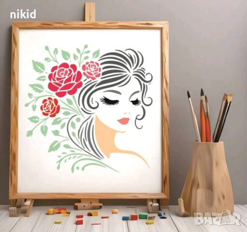 4 Вида жена момиче с рози цветя в косата стенсил шаблон за спрей за торта украса стена Scrapbooking, снимка 2 - Други - 50648292