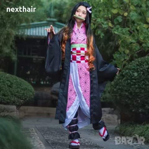 Аниме черна перука с кафяви краища Nezuko Kamado, снимка 3 - Аксесоари за коса - 48661344