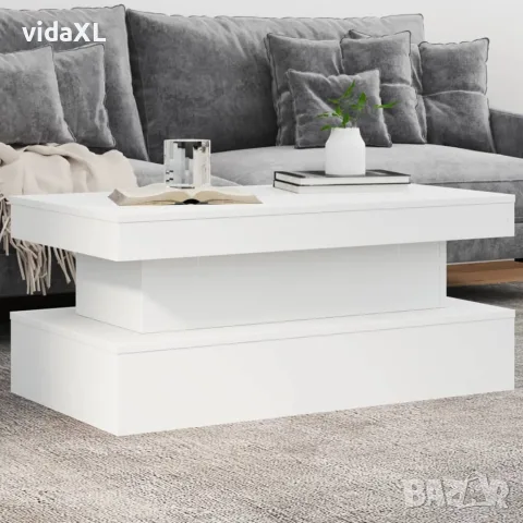 vidaXL Маса за кафе с LED осветление, бяла, 90x50x40 см, снимка 2 - Маси - 56148222